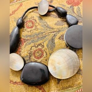 Chunky Black Resin & Mother of Pearl Statement Necklace - 21" Toggle Close